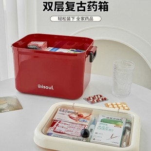 复古双层药箱家庭装大号药物收纳盒家用大容量药品药盒医疗医药箱