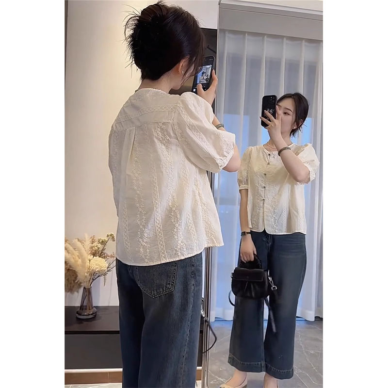 新中式国风衬衫女短袖薄款上衣夏季2025新款高级感小个子刺绣小衫