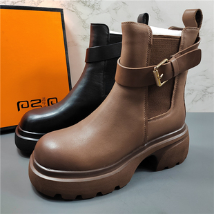 专柜正品 英伦风复古粗跟短筒单靴子 头层牛皮马丁靴女2025秋冬新款