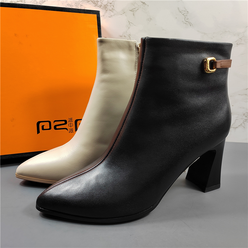 专柜正品头层牛皮粗跟加绒短靴女