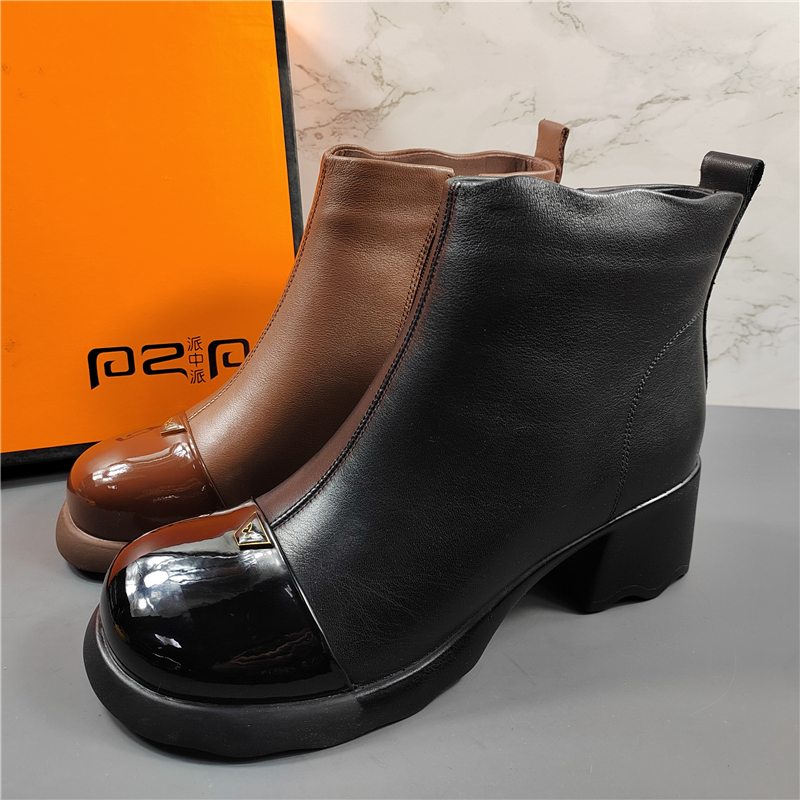 专柜正品头层牛皮粗跟加绒马丁靴