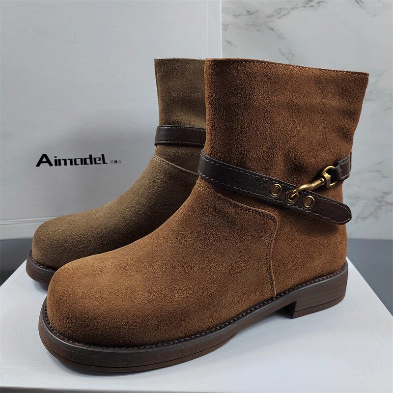 牛皮版~美拉德马丁靴女2025冬季新款复古粗跟机车靴欧货牛仔短靴