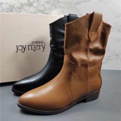 专柜正品V口平底尖头短靴骑士靴