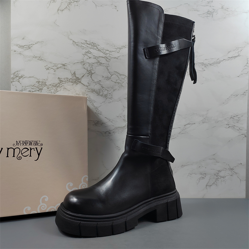 后拉链真皮长筒靴女2025年新款