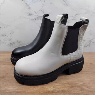品牌女鞋头层牛皮厚底切尔西靴秋冬款粗跟烟管靴短筒马丁靴女单靴