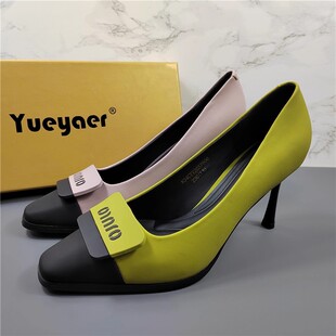 新款 月芽儿专柜正品 浅口高跟鞋 女2025秋季 子 细跟尖头拼色8cm单鞋