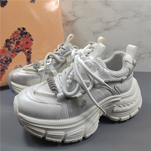 水钻系带网面透气显脚小休闲鞋 欧货厚底增高真皮老爹鞋 女2025新款