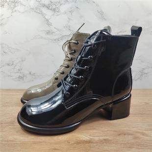 品牌女鞋尾货牛漆皮短靴女2024冬季加绒圆头粗跟百搭系带马丁靴潮