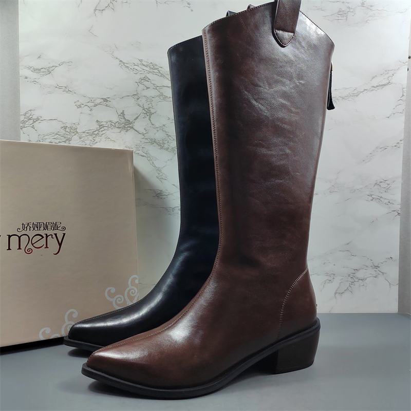 V口粗跟高筒尖头骑士靴