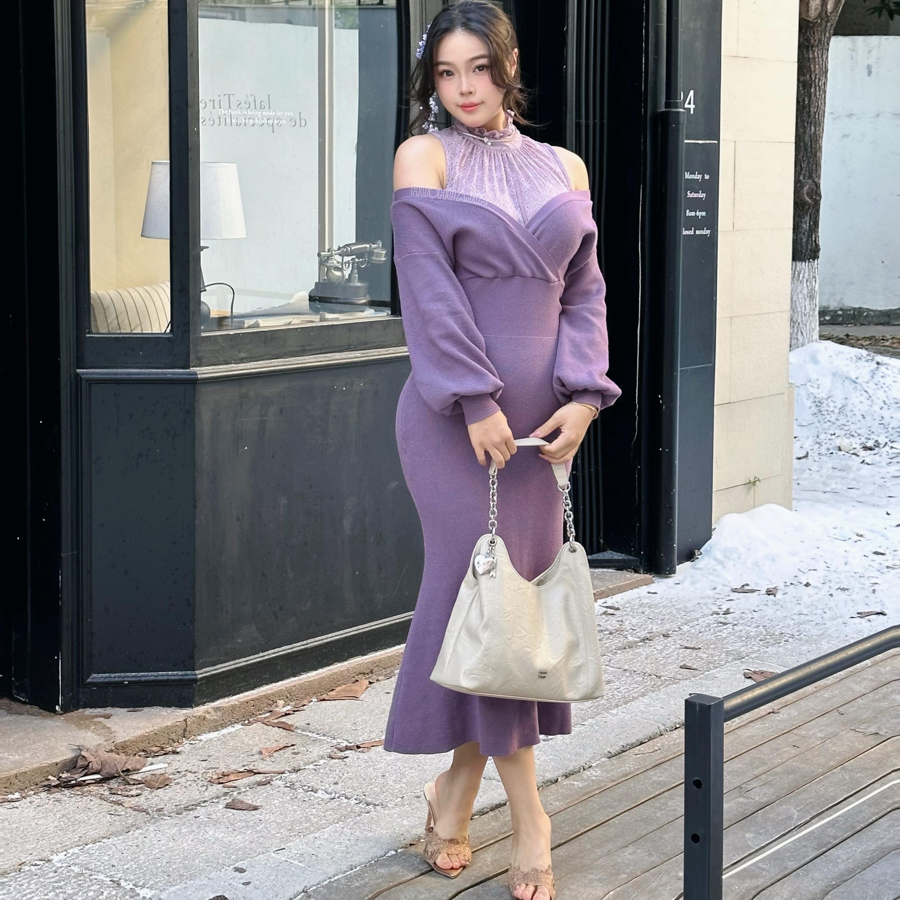 早秋薄纱拼接露肩针织连衣裙