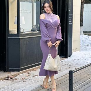 火华家原创设计 妻子 立领蕾丝背心收腰修身露肩鱼尾针织裙两件套