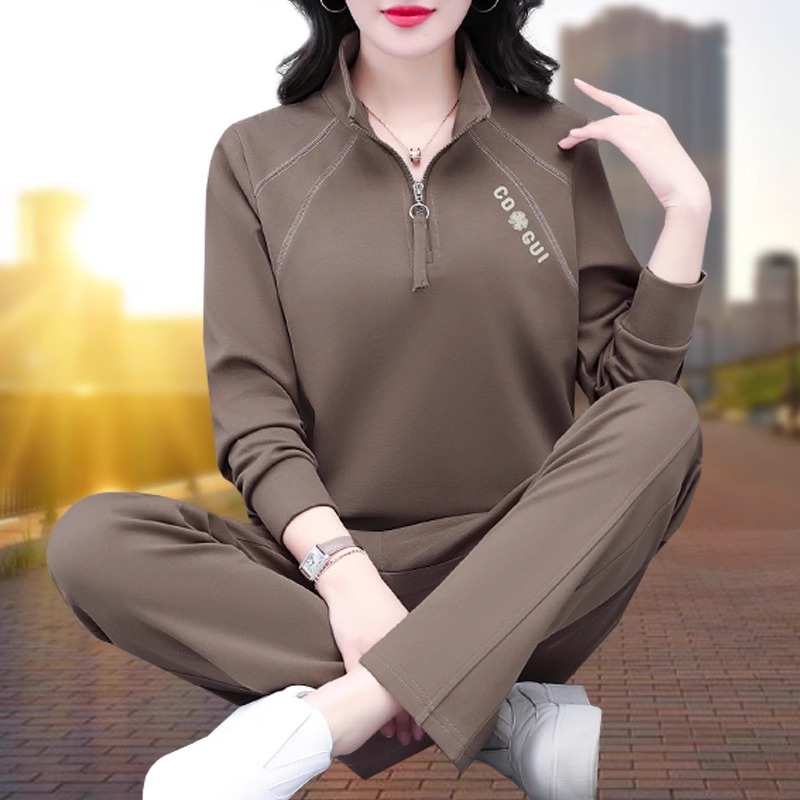 纯棉运动服套装女春秋季2025新款中年妈妈休闲半拉链立领两件套