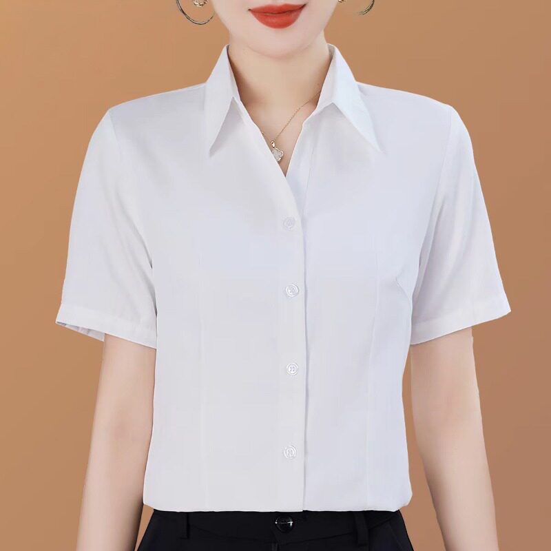 【官方】白色V领短袖衬衫女士2026年夏季修身通勤衬衣职业工作服