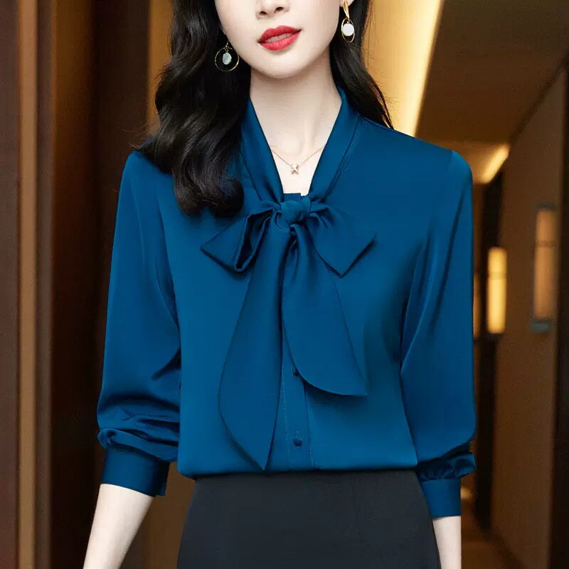 飘带蝴蝶结绸缎面衬衫女士长袖春秋季2026年新款时尚气质职业衬衣