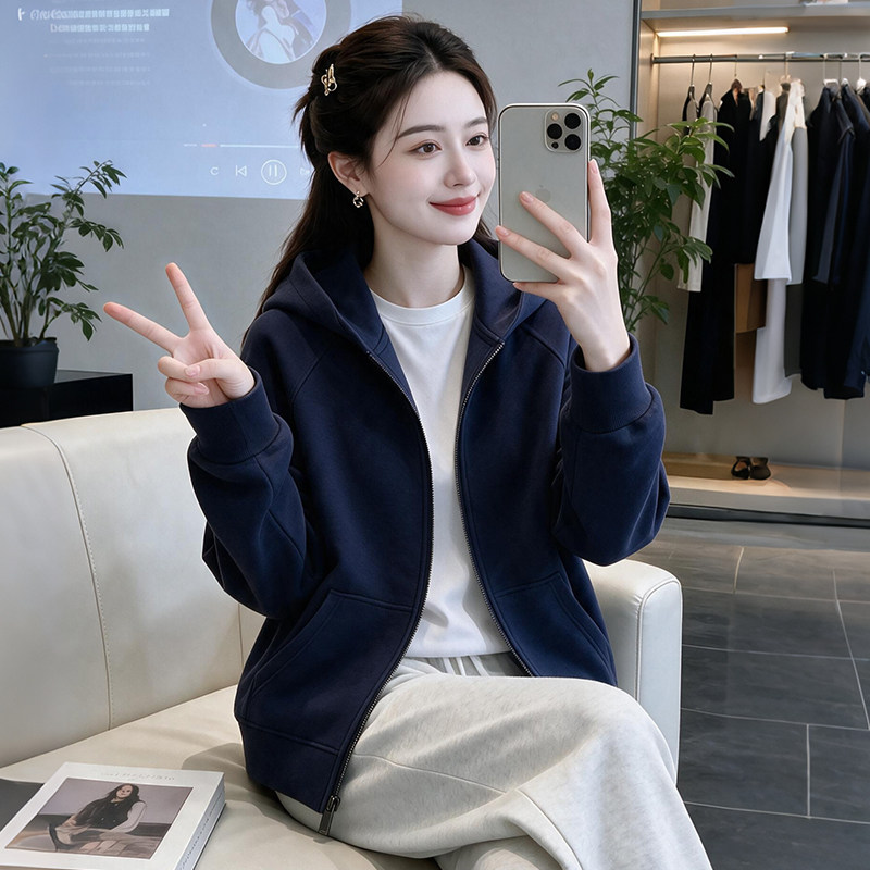 时尚纯色连帽外套女拉链开衫上衣