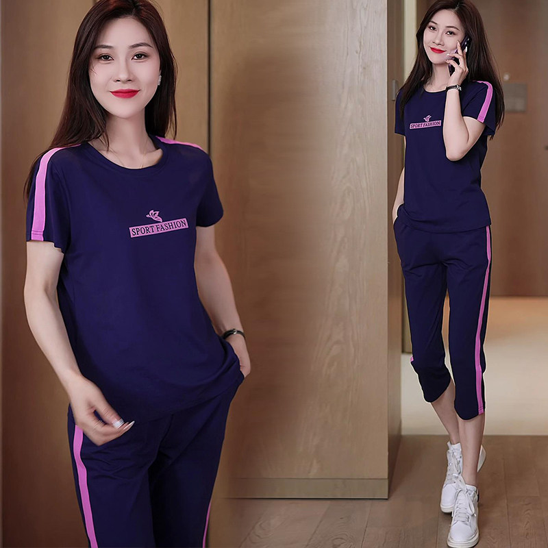 纯棉运动套装女夏季薄款2024年新款洋气宽松休闲短袖七分裤两件套