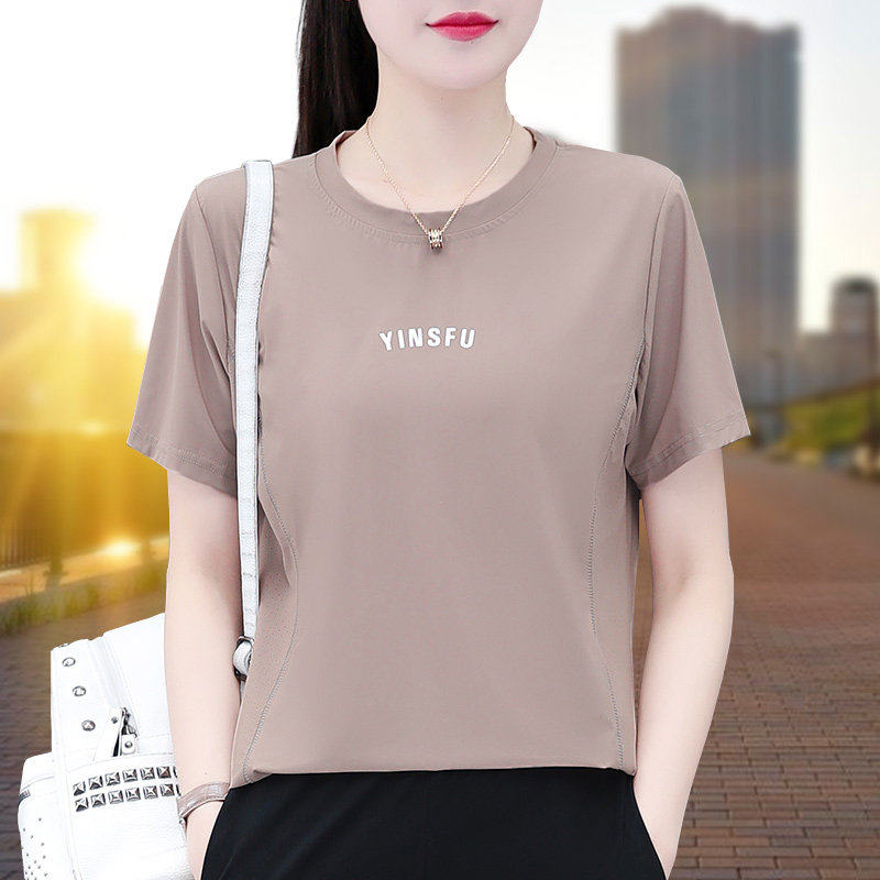 【官方】冰丝短袖女t恤夏季2026年新款显瘦运动妈妈装圆领上衣丅