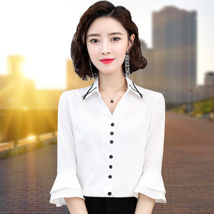 雪纺衬衫女中袖2026夏季新款上衣韩版显瘦打底衫女喇叭袖白衬衣潮