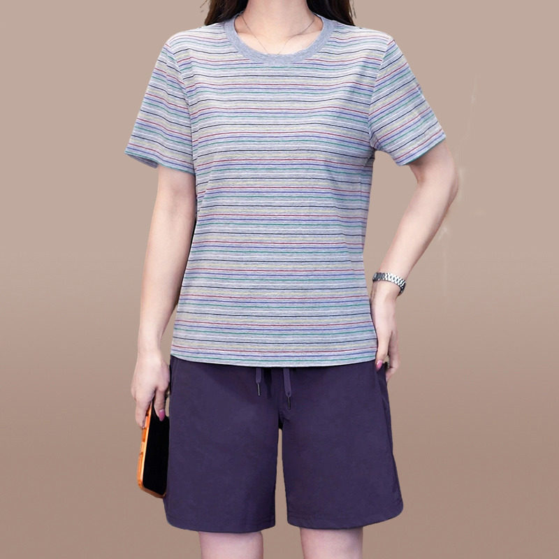 条纹短袖时尚套装女休闲服两件套