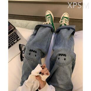 设计感小众高腰宽松直筒显瘦长裤 女春秋季 300斤牛仔阔腿裤 特大码