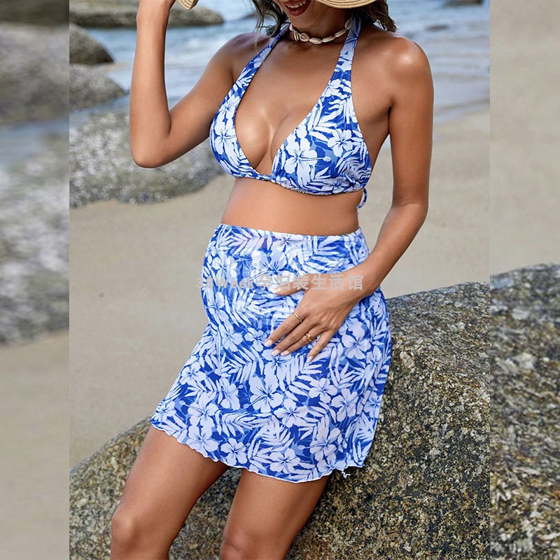 孕妇比基尼泳衣三件套时尚性感托腹罩裙遮肚显瘦孕期海边拍照写真