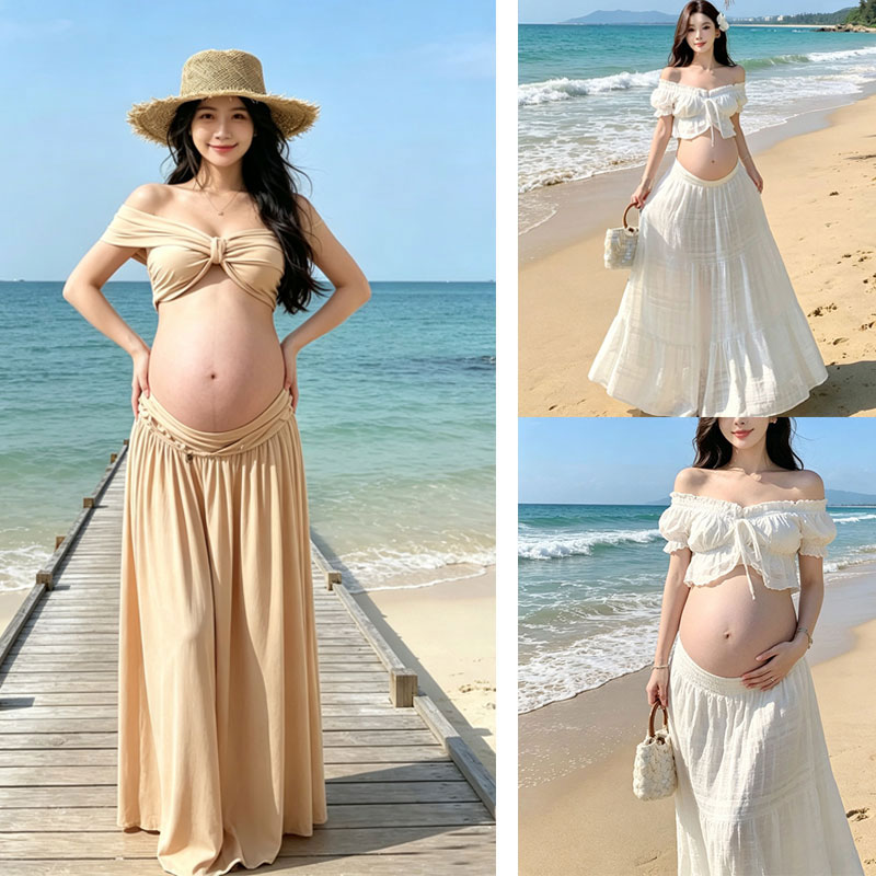 孕妇海边度假长裙三件套孕期写真