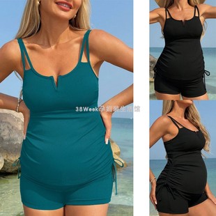 孕妇平角分体泳衣套装 女孕期健身房比基尼纯色v领保守游泳衣海边