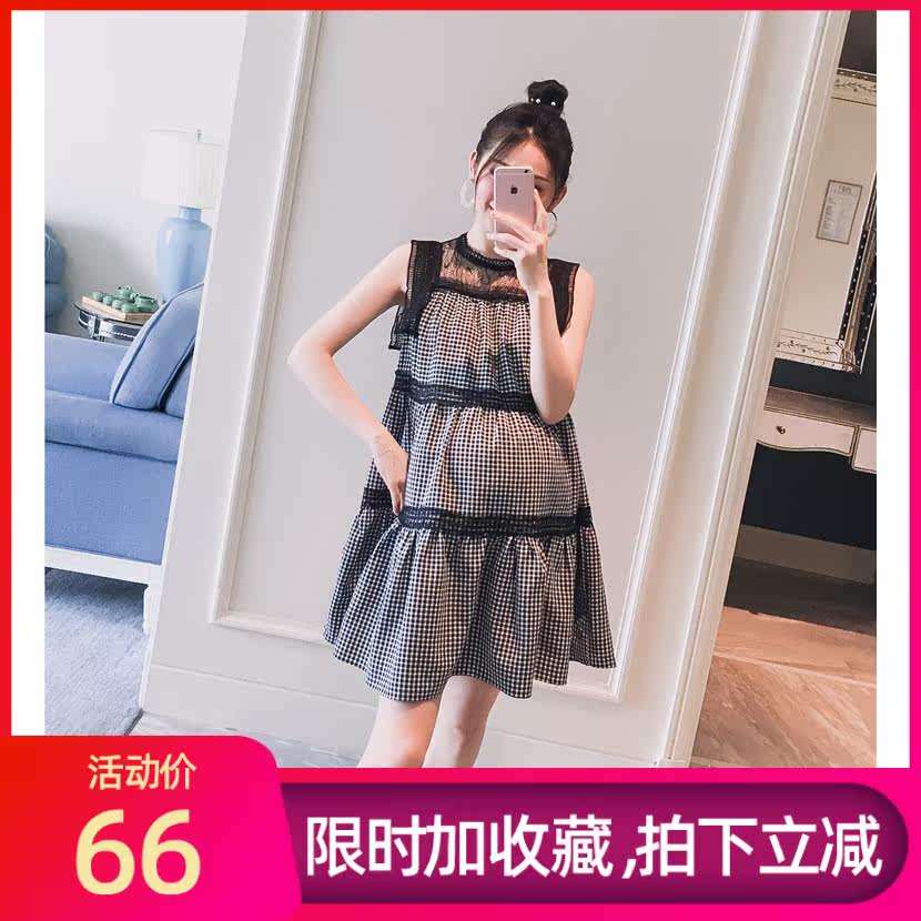 孕妇装2019夏装新款韩版格子蕾丝拼接无袖A版宽松时尚孕妇连衣裙|ruв категории Всё для беременных и кормящих, материнство, платье - от Buy2taobao.com для оказания профессиональной услуги покупки агента Taobao