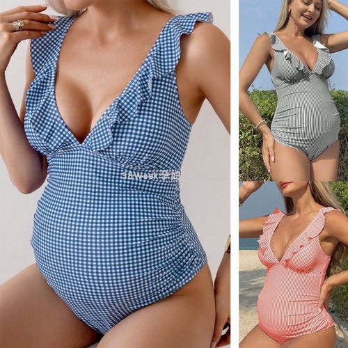 孕妇泳衣条纹格子度假游泳写真