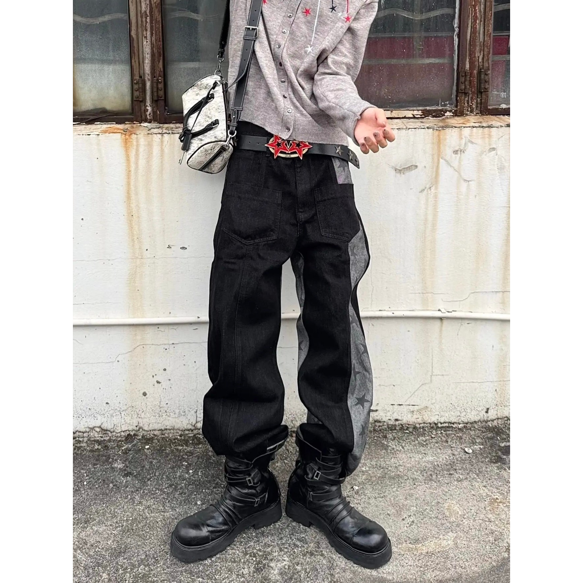 嘻哈星星印花宽松直筒牛仔裤男