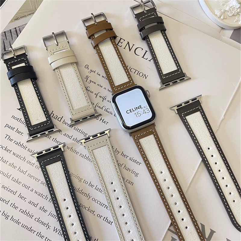 适用iWatch表带小众真皮拼帆布