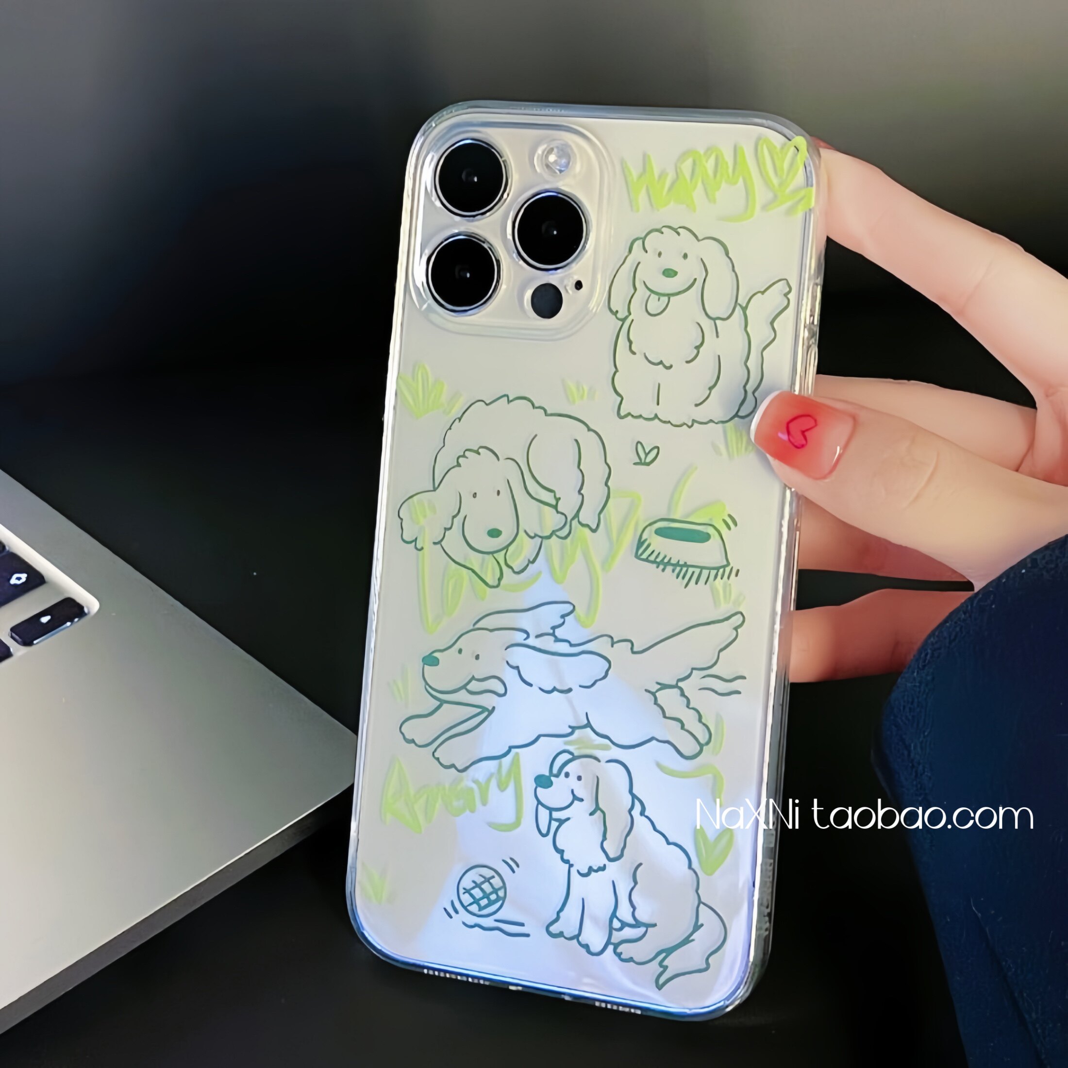 绿色线条小奶狗适用iPhone14promax手机壳苹果小米OPPO可爱电镀硅胶华为安卓透明软壳