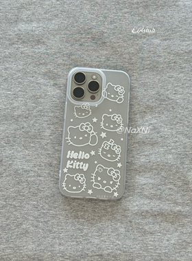 白色线条大头kitty适用于iphone17ProMax手机壳新款苹果15pro可爱大孔凯蒂猫全包14保护套16透明磨砂硅胶软壳