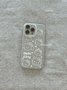 白色线条大头kitty适用于iphone17ProMax手机壳新款苹果15pro可爱大孔凯蒂猫全包14保护套16透明磨砂硅胶软壳