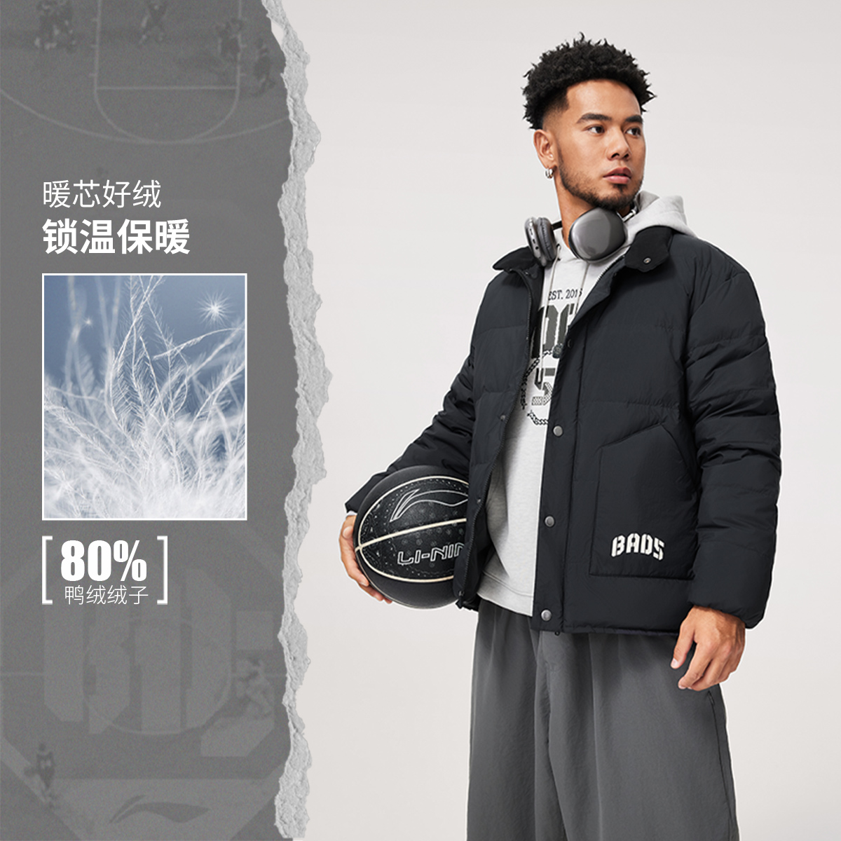 李宁正品反伍BADFIVE男子防泼水宽松单排扣运动短羽绒服AYMU349