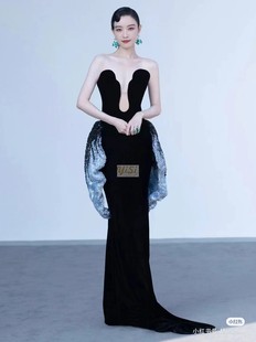 倪妮同款蚌精黑色抹胸性感深V拖尾长连衣裙礼服定制神秘优雅性感