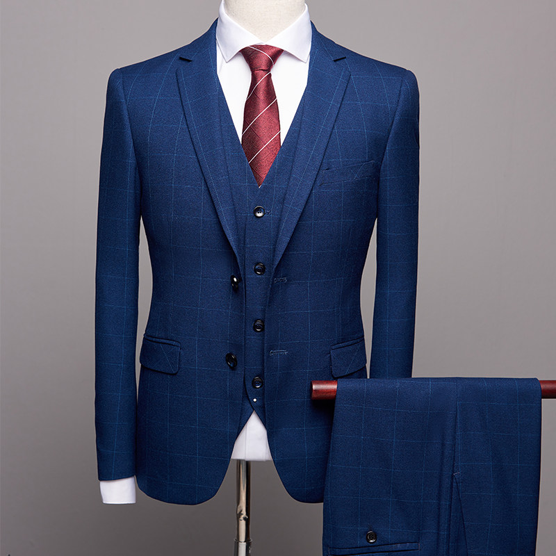 韩版青年修身蓝色潮男格子西装三件套新郎结婚礼服主持人西服套装
