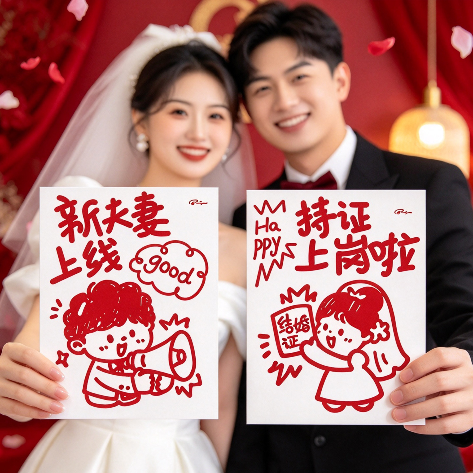 持证上岗趣味婚礼卡片红色囍字