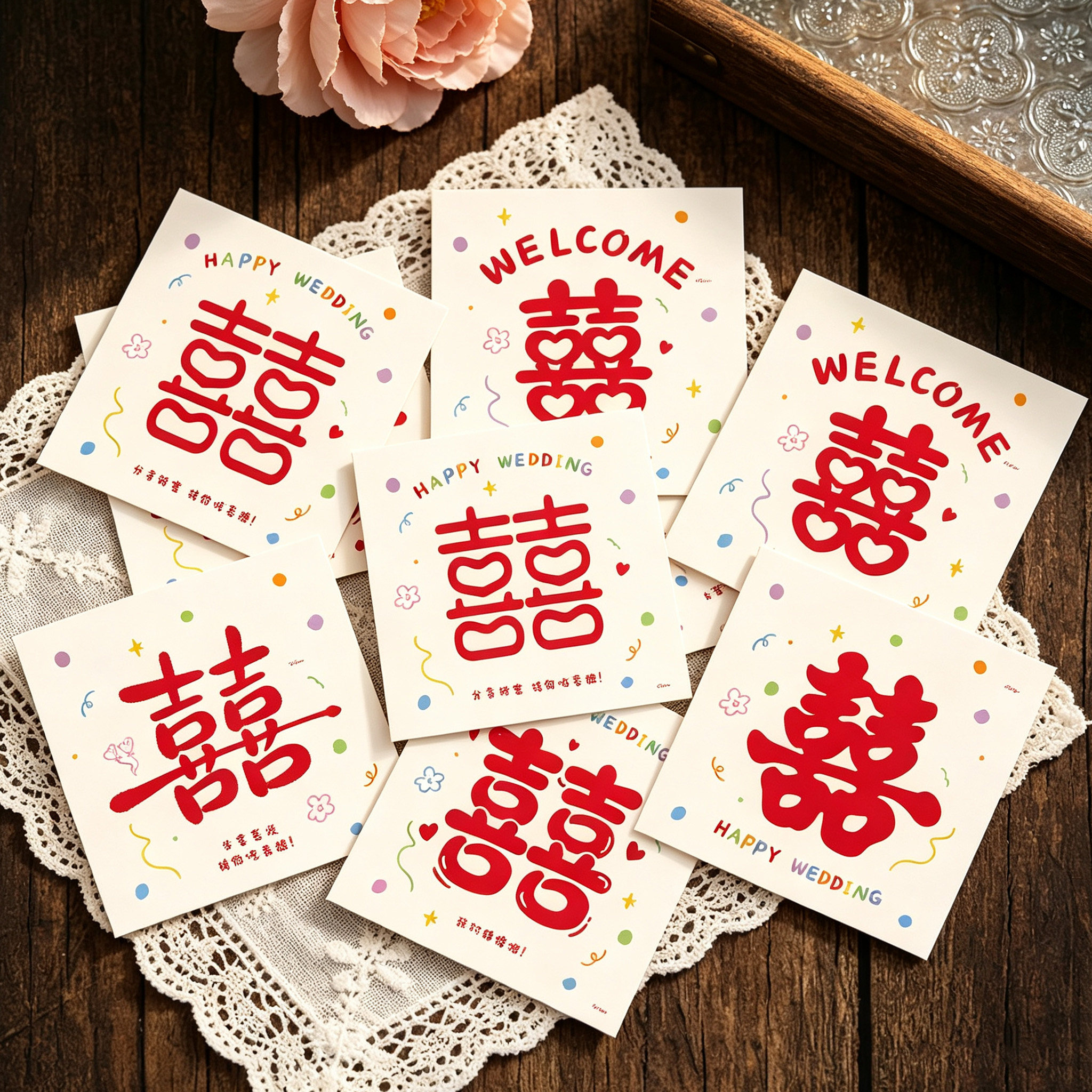 可爱涂鸦囍字结婚贺卡婚礼回礼小卡片喜糖盒伴手礼祝福留言小卡片