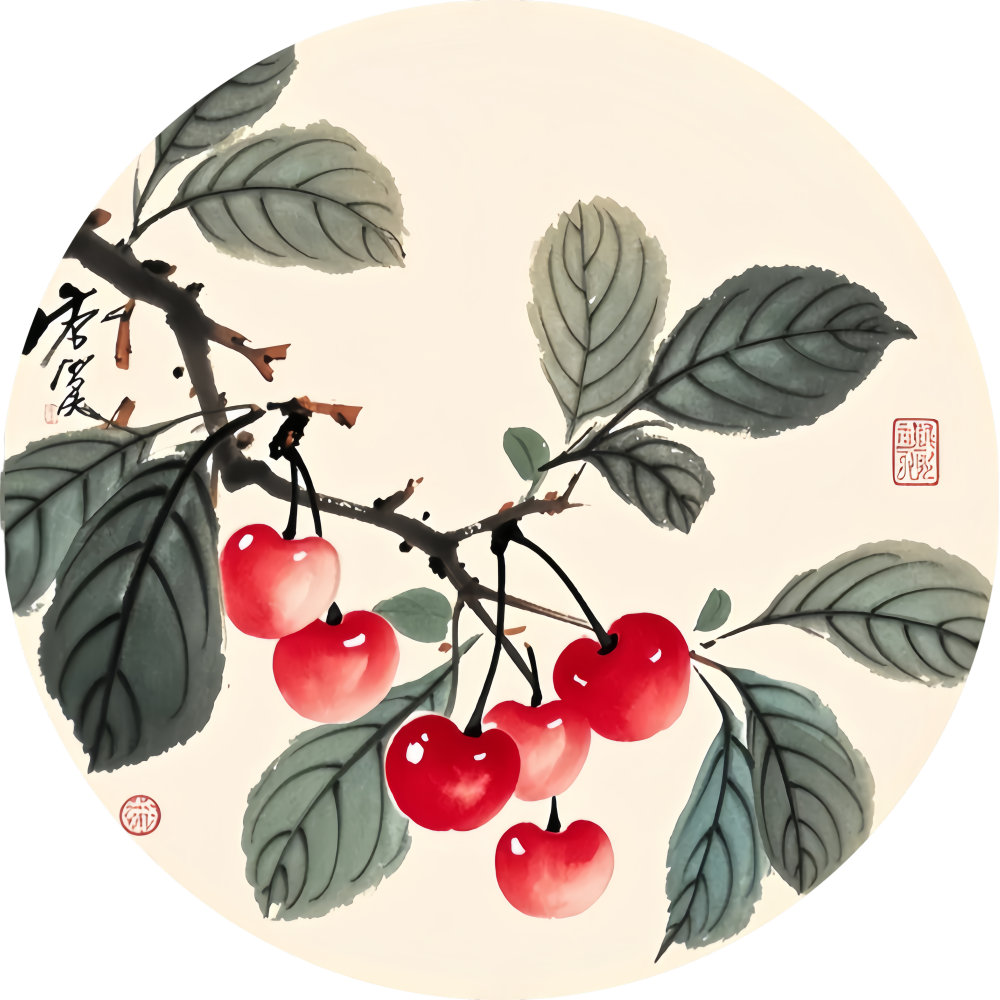 新中式圆形樱桃装饰画客厅餐厅厨房创意水果自粘贴国画新款防水图片