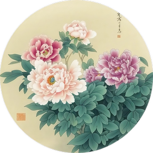 新中式圆形牡丹花装饰画客厅卧室玻璃推拉门工笔画花开富贵自粘贴