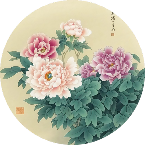 新中式圆形牡丹花装饰画客厅卧室玻璃推拉门工笔画花开富贵自粘贴