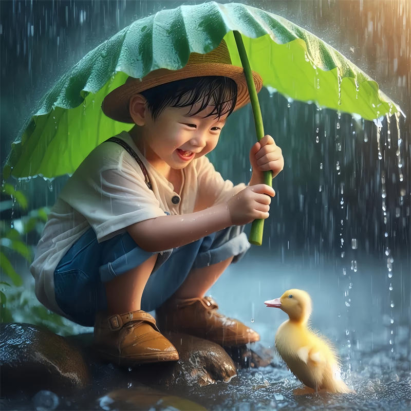 雨中的小孩与鸭鸭贴画卧室宿舍室内墙面装饰遮瑕丑创意海报防水图片