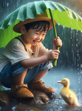 雨中的小孩与鸭鸭贴画卧室宿舍室内墙面装饰遮瑕丑创意海报防水