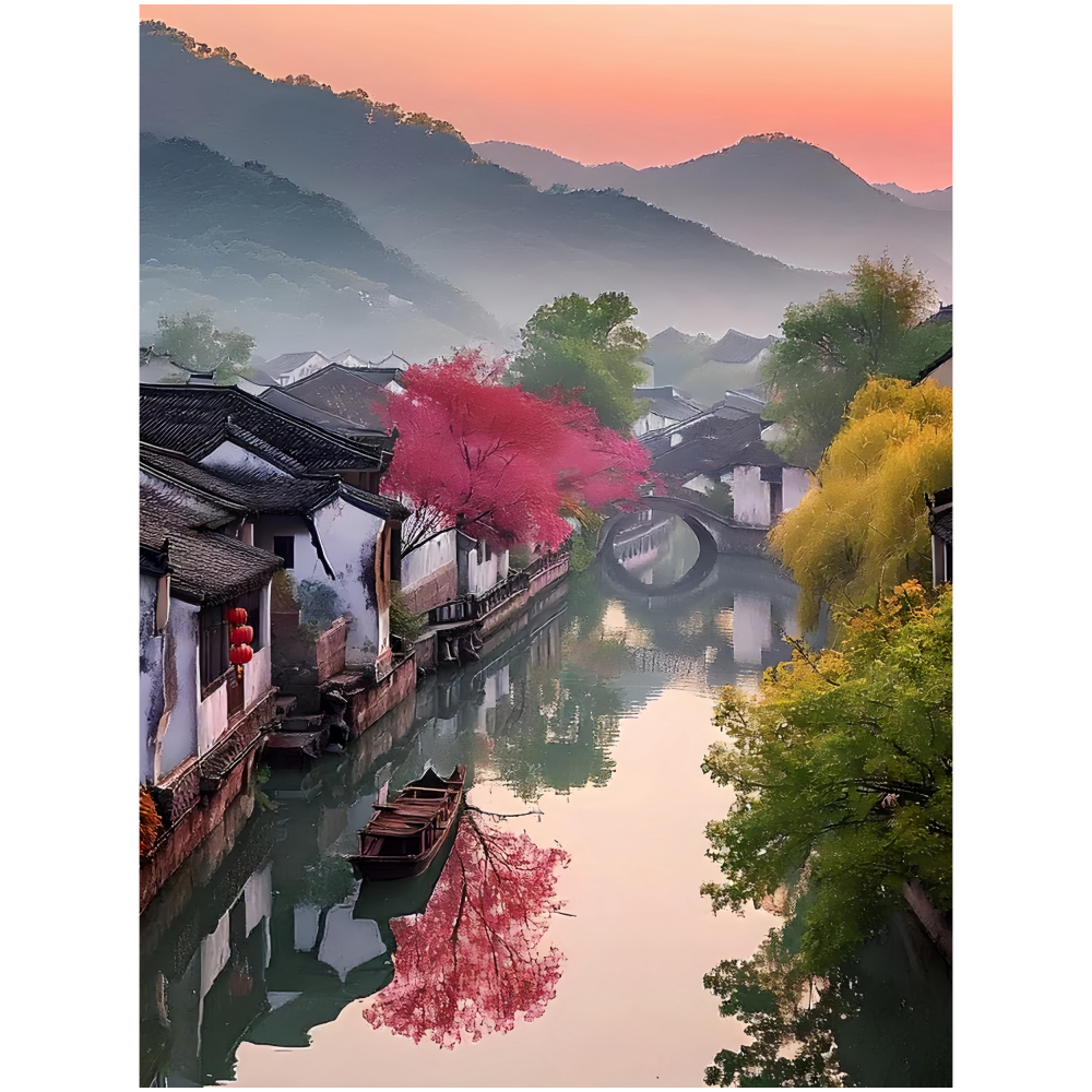 超美江南水乡风景装饰画客厅卧室室内墙面装饰自粘贴画防水新款