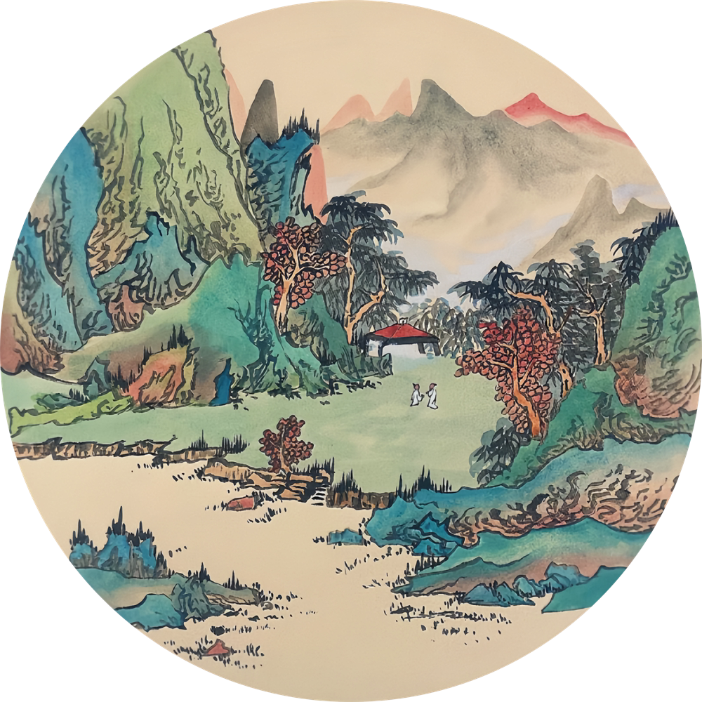 新中式圆形青绿山水装饰画客厅卧室玄关传统国画小品贴画自粘贴