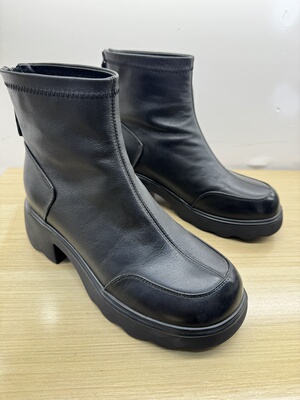 千佰莉断码处理真皮牛皮高跟后拉链短靴女新款秋冬百搭粗跟瘦瘦靴