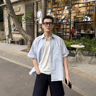 王几又 蓝色短袖衬衫男款夏季新款韩系少年感学院风简约休闲宽松