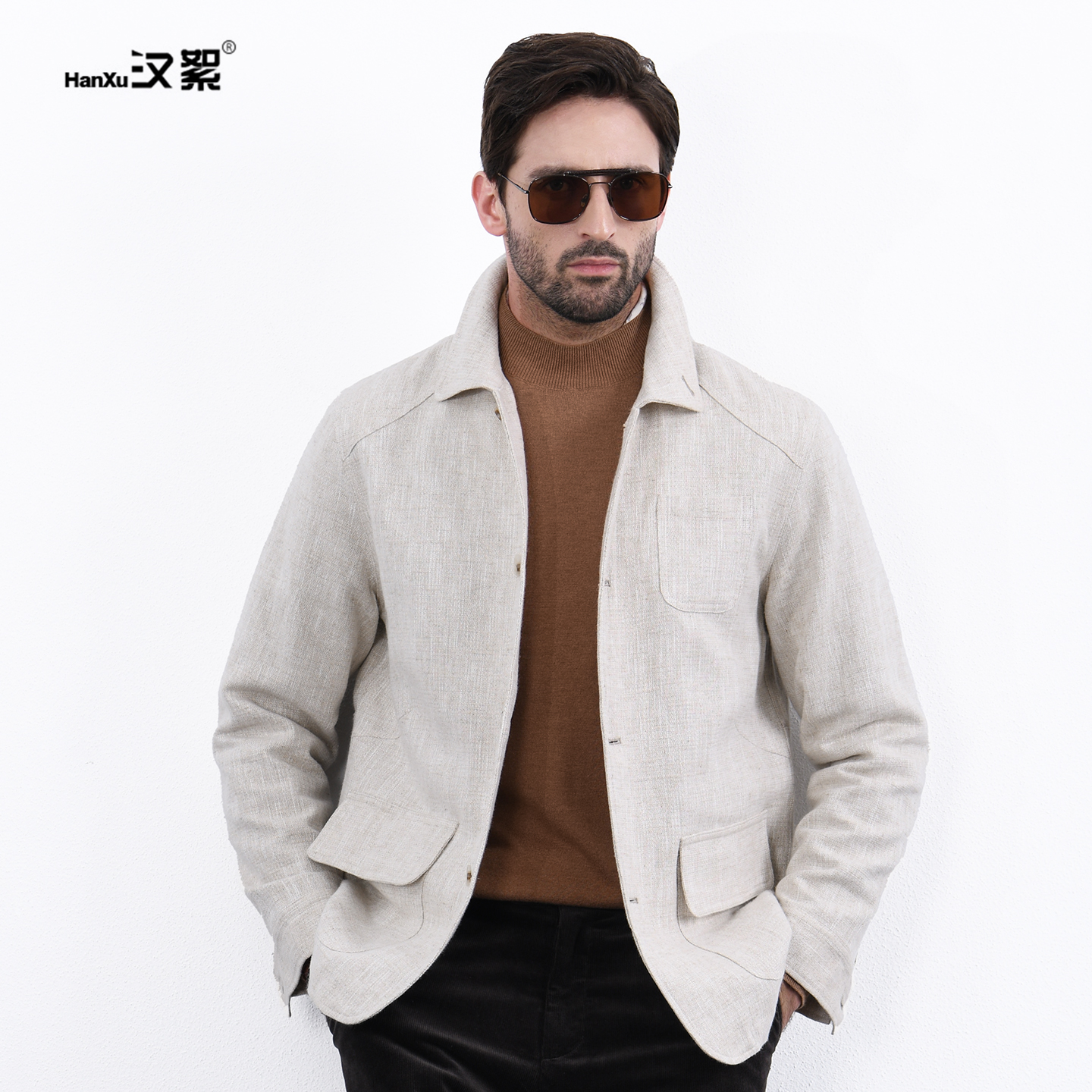汉絮老钱风棉麻翻领外套男款秋冬季时尚复古通勤上衣休闲亚麻夹克