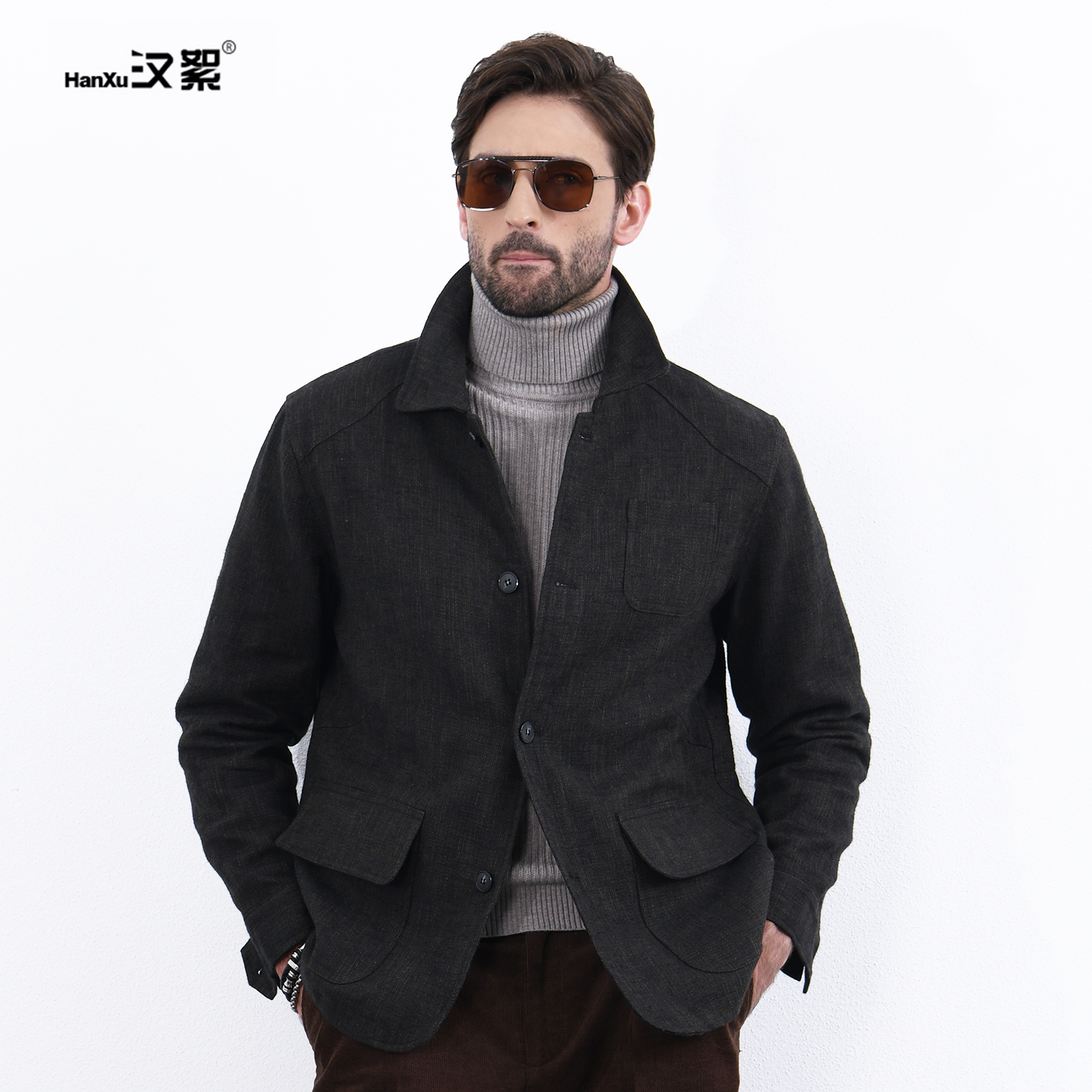 汉絮老钱风棉麻翻领外套男款秋冬季时尚复古通勤上衣休闲亚麻夹克